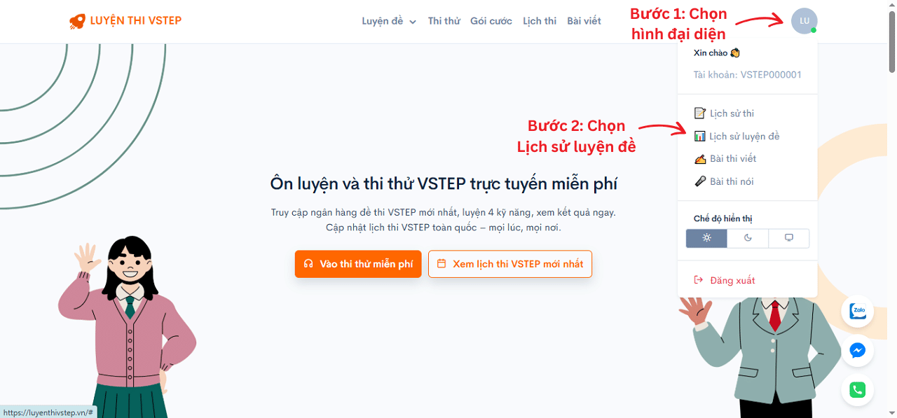 Truy cập lịch sử luyện đề VSTEP từ ảnh đại diện tài khoản