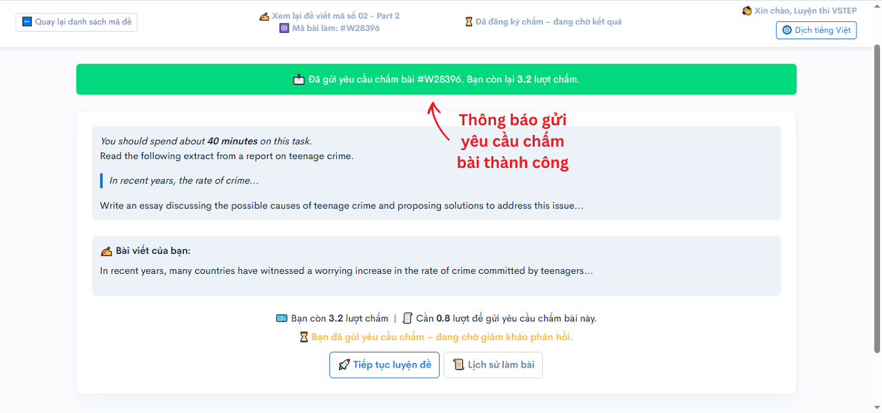 Xác nhận đã gửi yêu cầu chấm bài tự luận VSTEP thành công