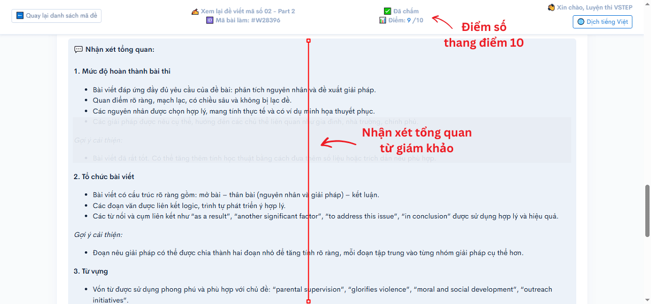 Xem nhận xét tổng quan của giám khảo về bài làm tự luận VSTEP