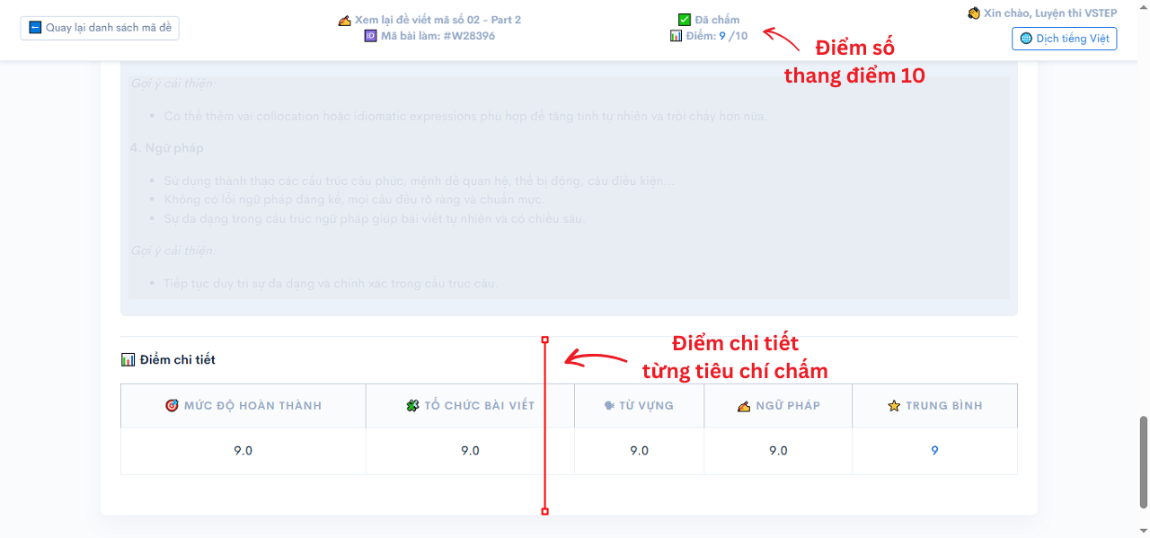 Xem điểm chi tiết theo từng tiêu chí chấm điểm kỹ năng tự luận VSTEP