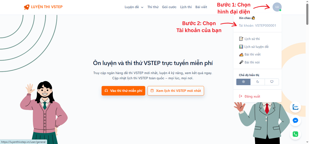 Truy cập trang thông tin tài khoản VSTEP để kiểm tra lượt chấm