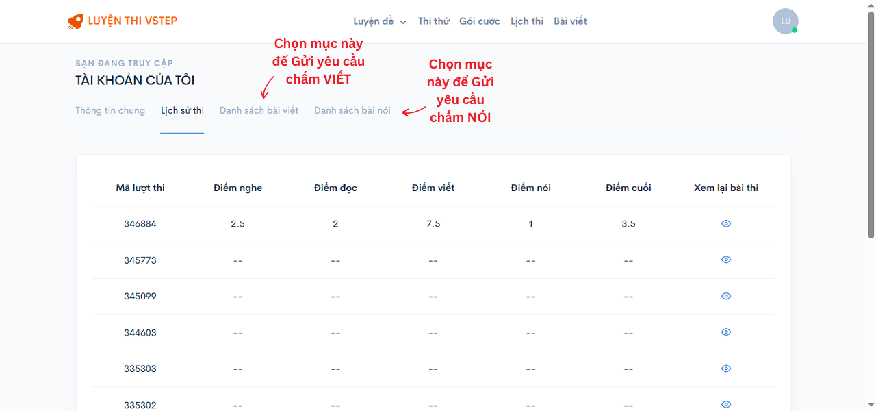 Chọn danh sách bài VIẾT hoặc danh sách bài NÓI trong lịch sử thi thử VSTEP