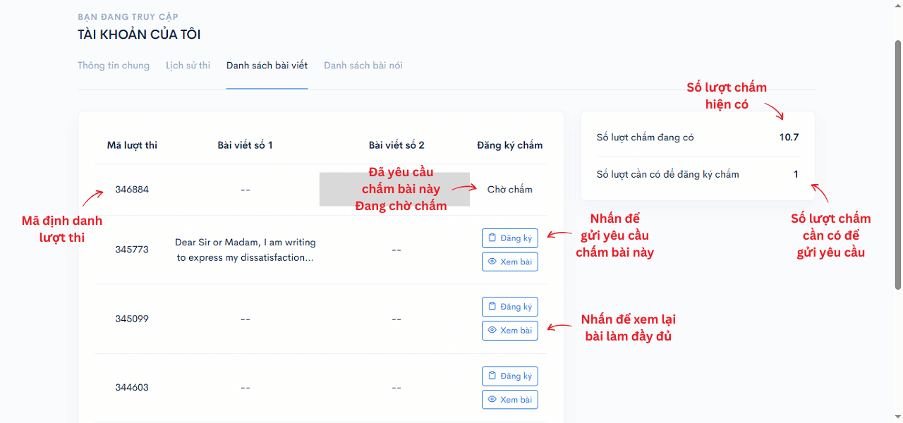 Nhấn nút Đăng ký chấm tại danh sách lượt thi VSTEP