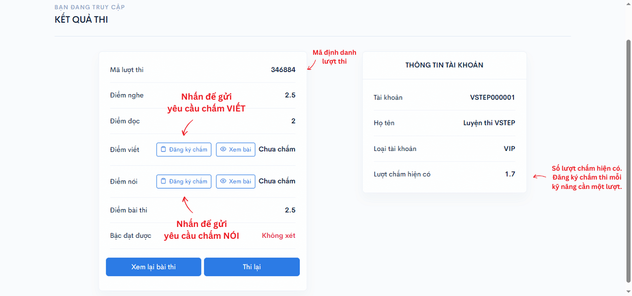 Gửi yêu cầu chấm thi tự luận VSTEP ngay tại giao diện xem kết quả thi