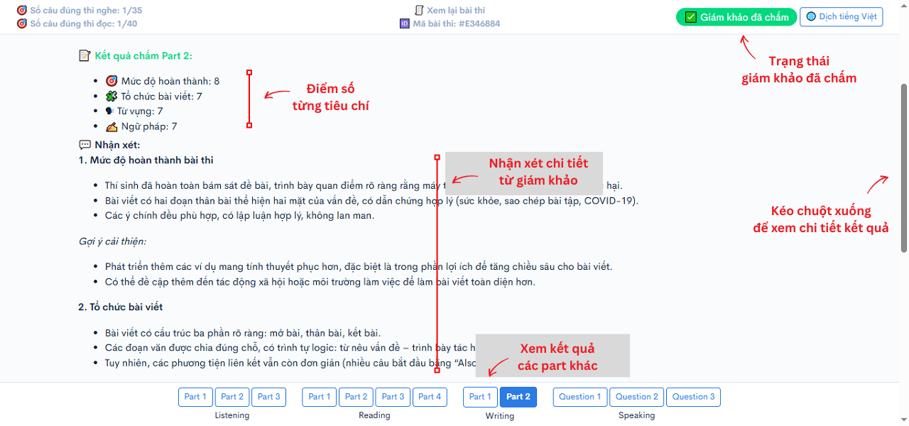 Xem nhận xét chi tiết của giám khảo về bài thi tự luận VSTEP