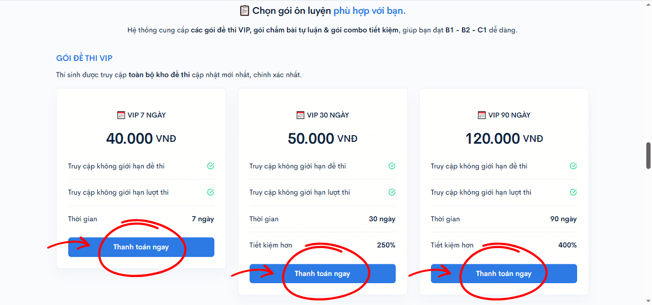 Chọn gói VIP phù hợp với nhu cầu ôn luyện VSTEP