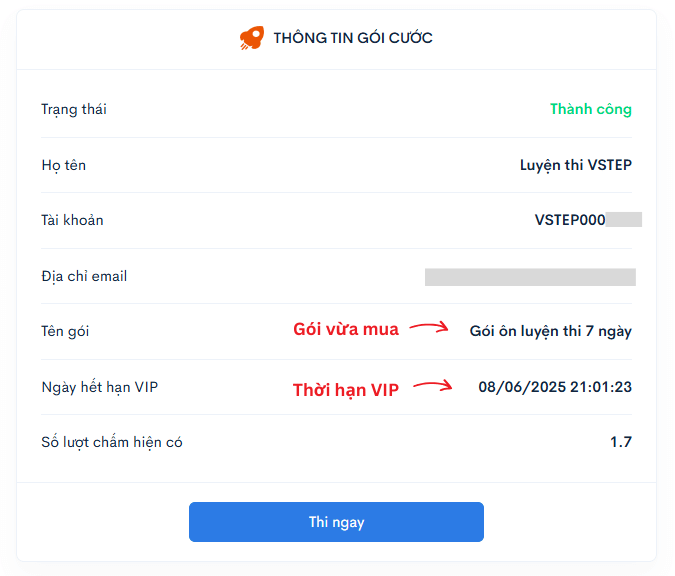 Gói VIP VSTEP kích hoạt tự động sau khi thanh toán thành công