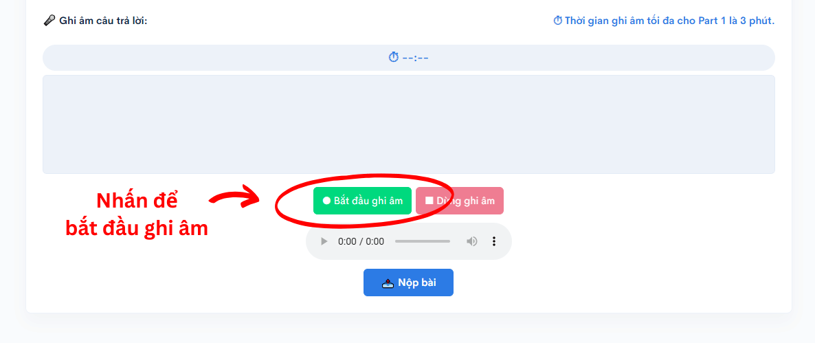 Giao diện nút bắt đầu ghi âm luyện đề kỹ năng Nói VSTEP