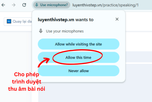 Giao diện cho phép microphone luyện đề kỹ năng Nói VSTEP