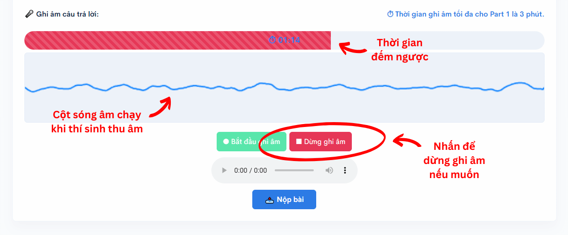 Giao diện quá trình thu âm luyện đề kỹ năng Nói VSTEP