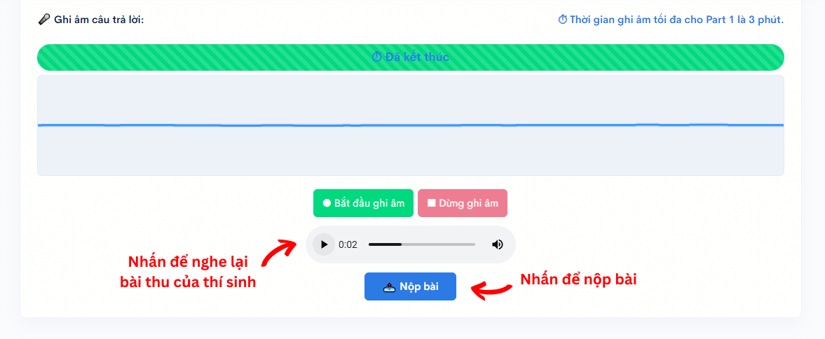 Giao diện thu âm thành công luyện đề kỹ năng Nói VSTEP