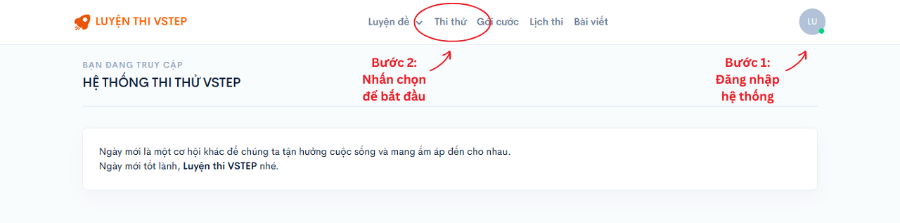 Nhấn nút Thi thử để bắt đầu thi thử VSTEP