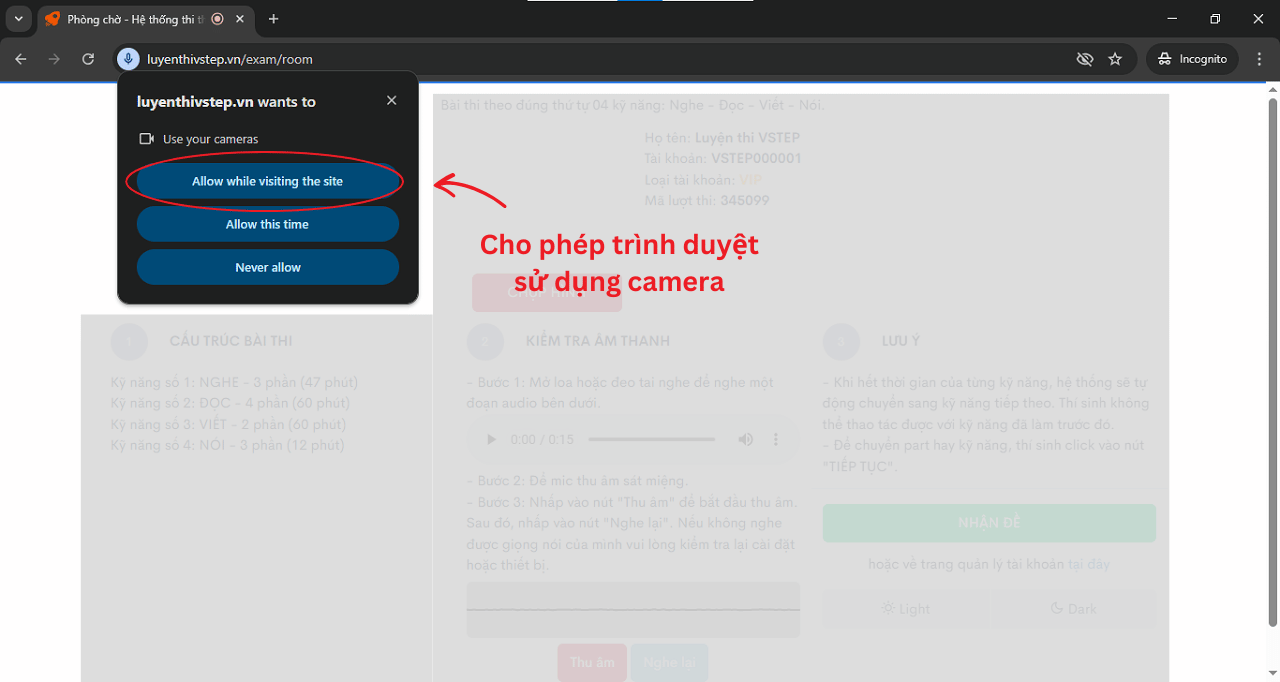 Cấp quyền sử dụng camera để truy cập thi thử VSTEP