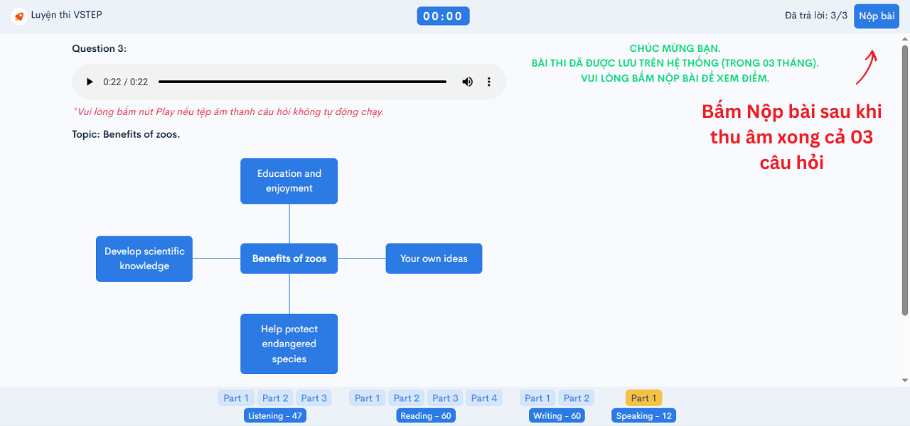 Bấm Nộp bài thi thử VSTEP kỹ năng Nói – Speaking