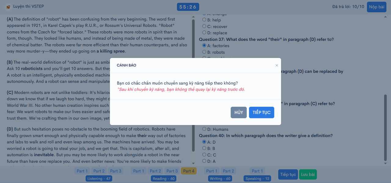 Giao diện chuyển kỹ năng thi thử VSTEP kỹ năng Đọc - Reading