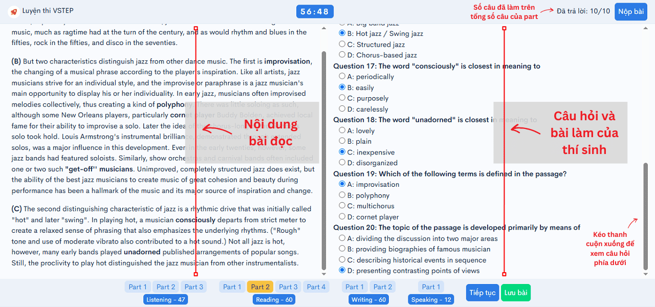 Câu hỏi trắc nghiệm trong phần thi thử VSTEP kỹ năng Đọc – Reading