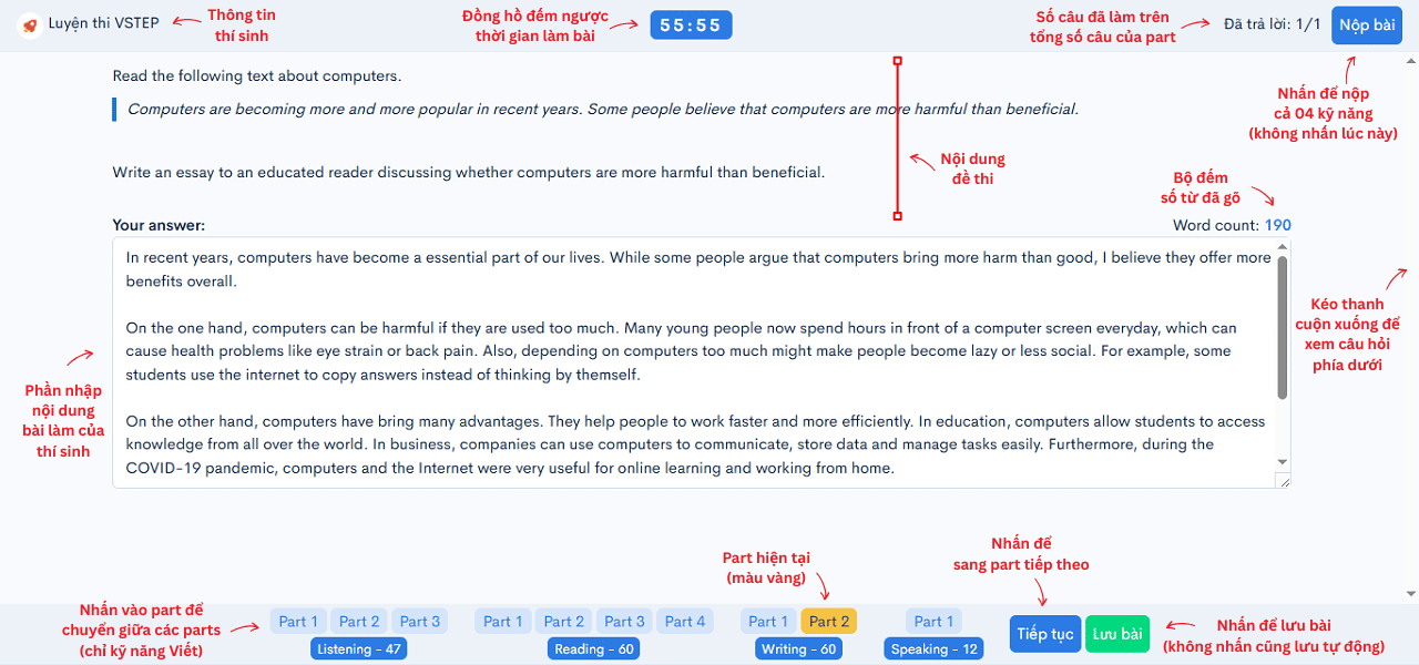 Giao diện thi thử VSTEP kỹ năng Viết – Writing