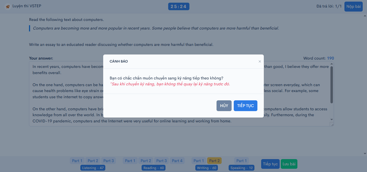 Giao diện chuyển kỹ năng thi thử VSTEP kỹ năng Viết - Writing