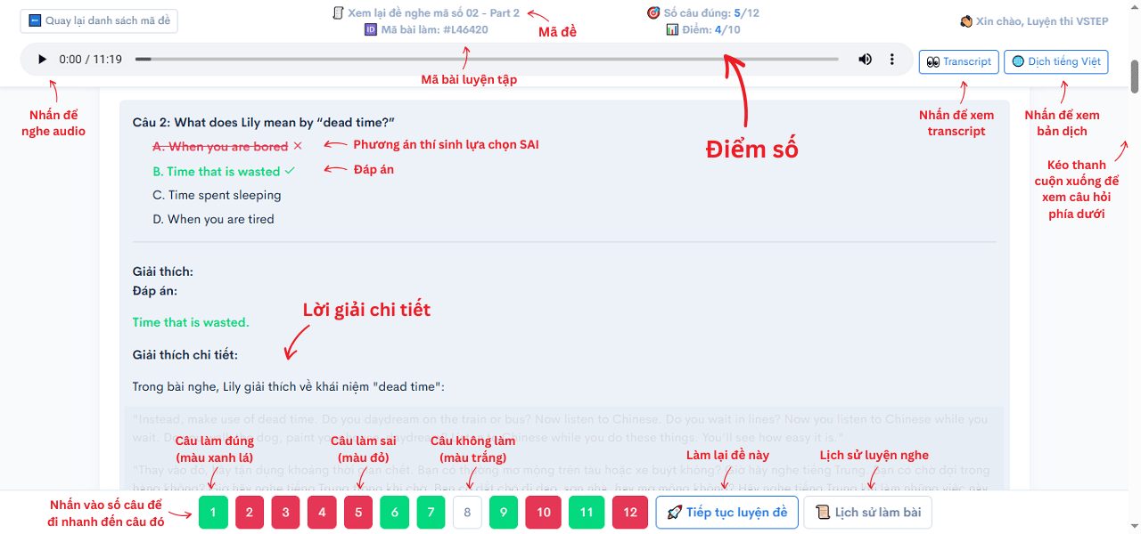 Giao diện xem kết quả luyện đề kỹ năng Nghe VSTEP