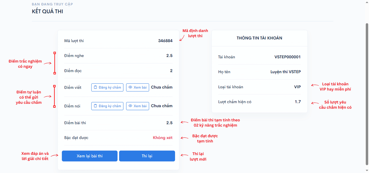 Giao diện tổng quan kết quả thi thử VSTEP