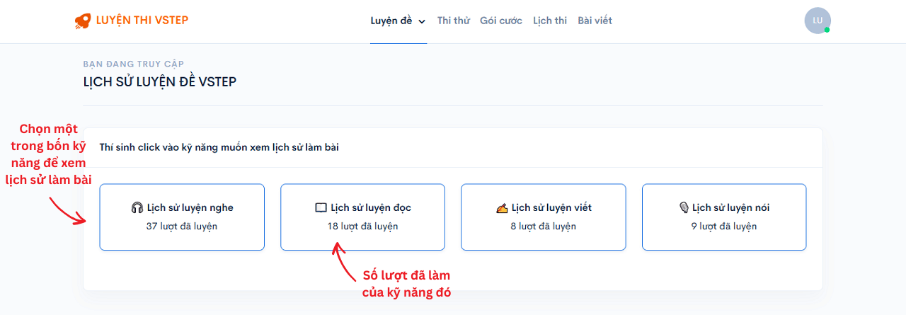 Chọn kỹ năng để xem lịch sử luyện đề VSTEP