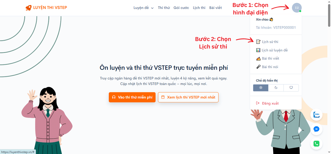 Truy cập lịch sử thi thử VSTEP từ ảnh đại diện tài khoản