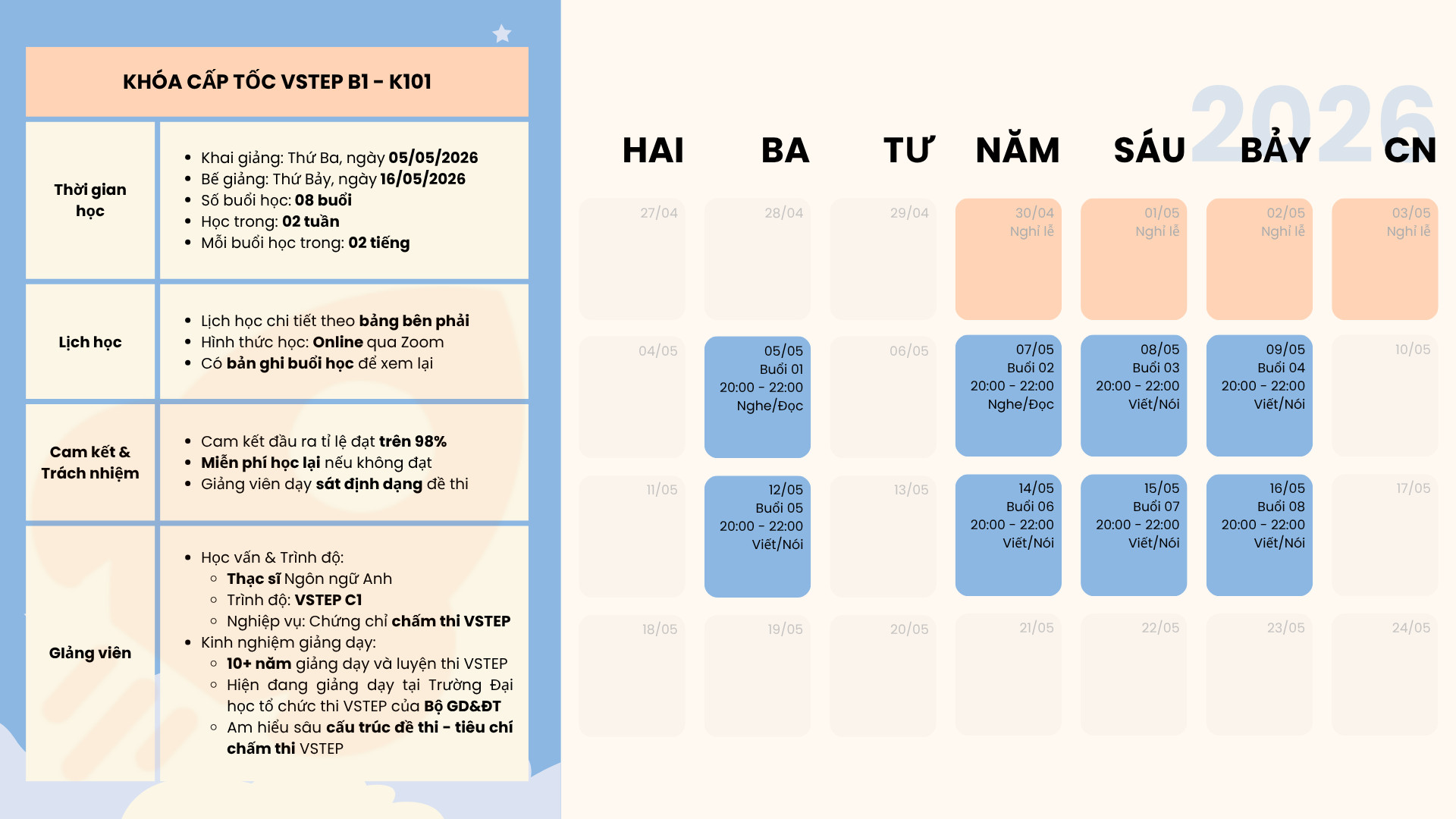 Lịch học kh&oacute;a VSTEP B1 K101