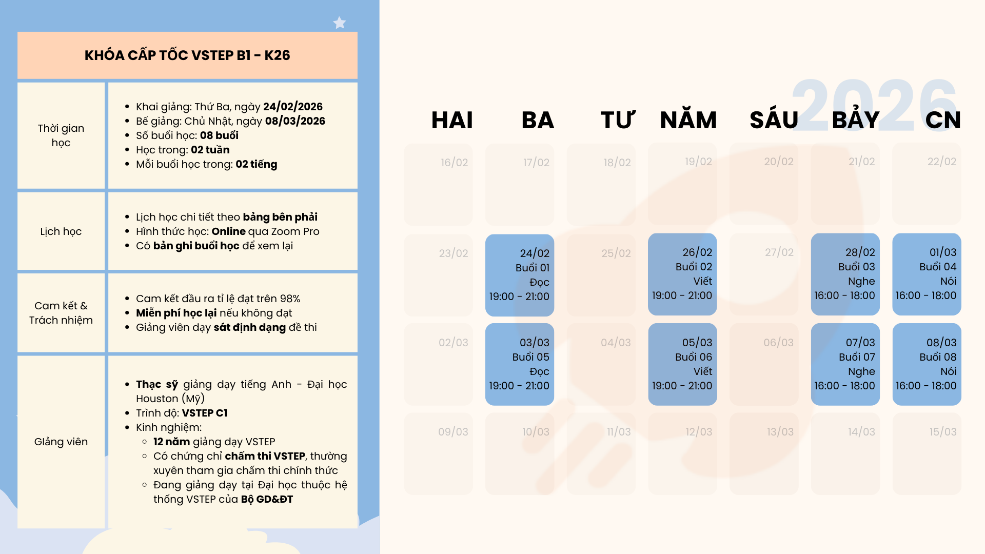 Lịch học khóa học VSTEP cấp tốc B1 - K26