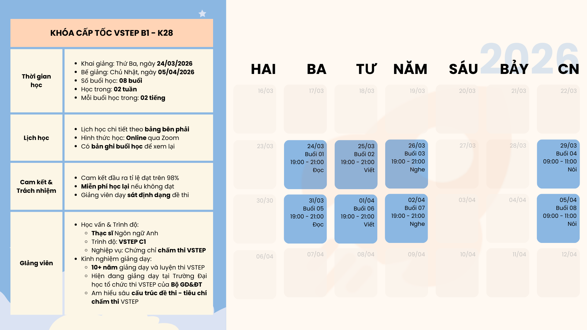Lịch học kh&oacute;a VSTEP B1 K28