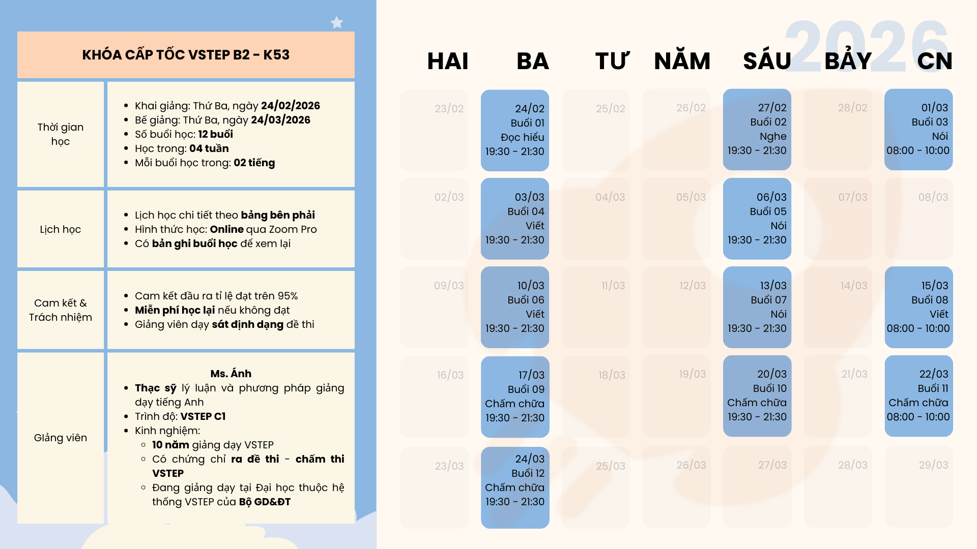 Lịch học khóa học VSTEP cấp tốc B2