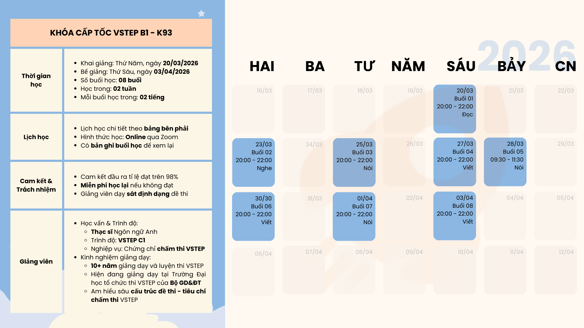 Lịch học kh&oacute;a VSTEP B1 K93