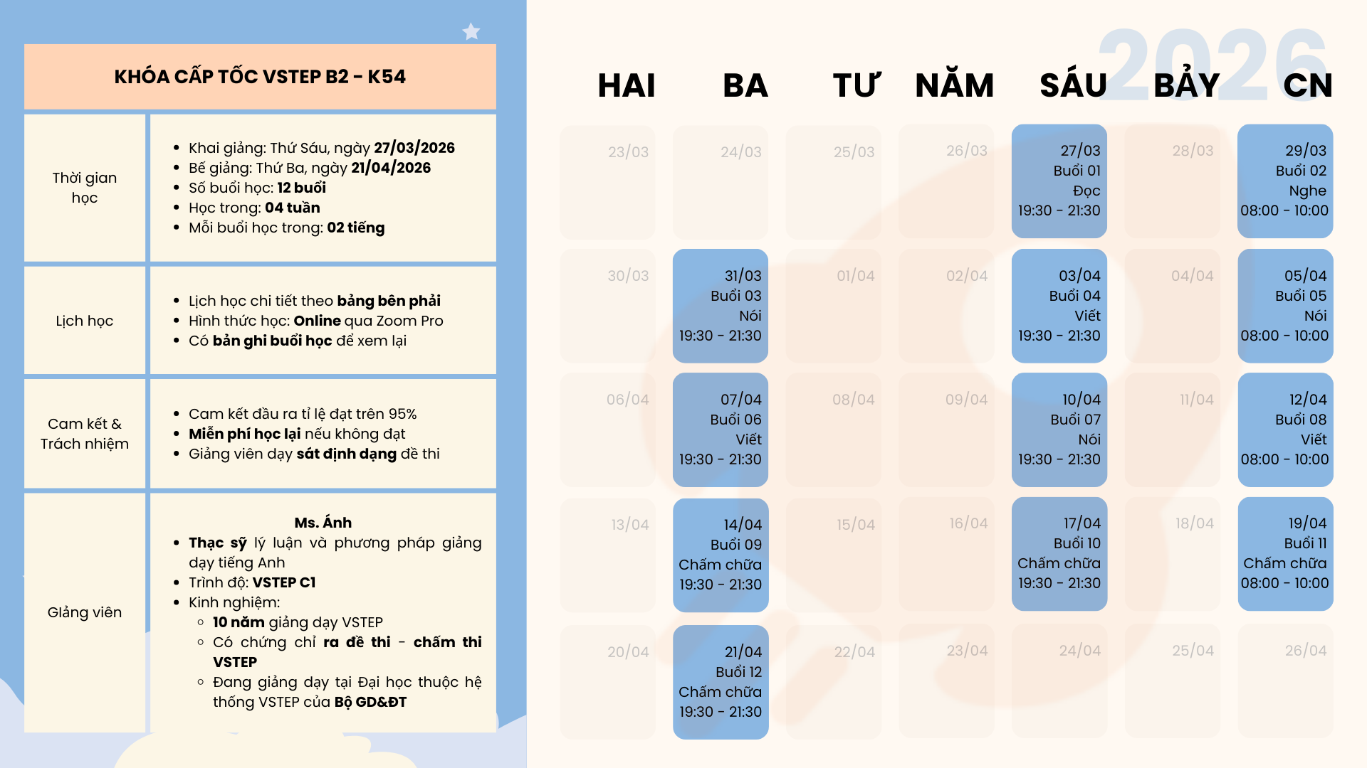 Lịch học kh&oacute;a VSTEP B2 K54